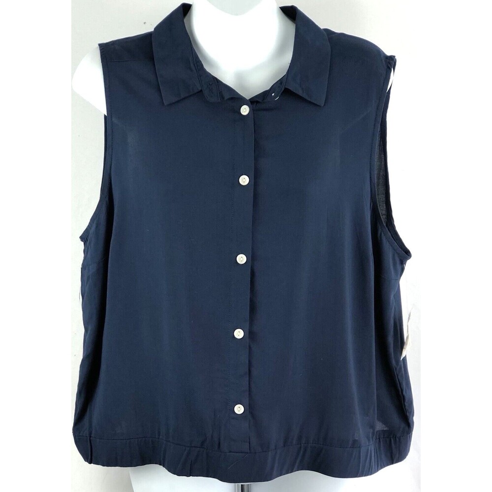 NWT Silky Sleeveless Top XL Blue Button Up Band waist Collar Rayon Blouse Office